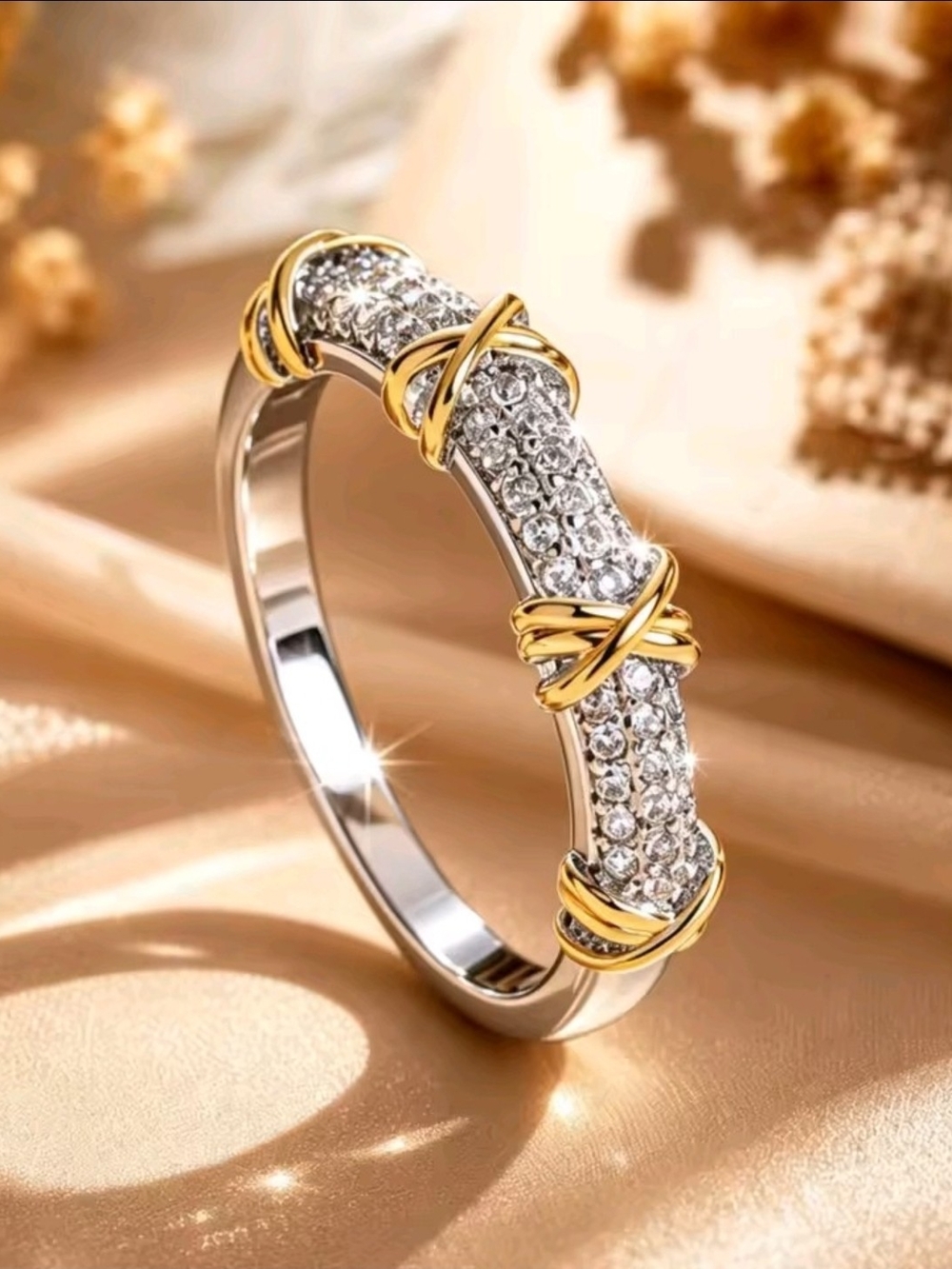 Elegant Two-Tone Crystal Pave Ring - Gold & Silver